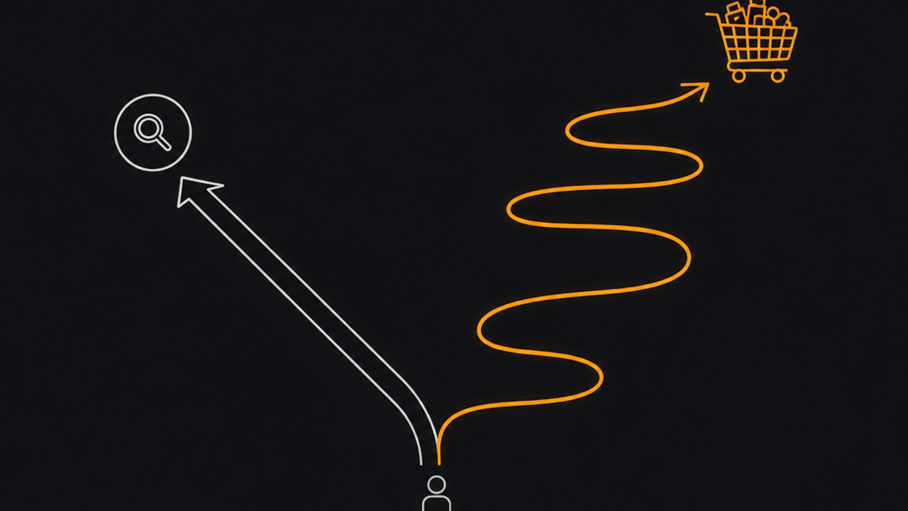 Two shopping journeys: a straight line to search, and a winding path that ends at a full cart