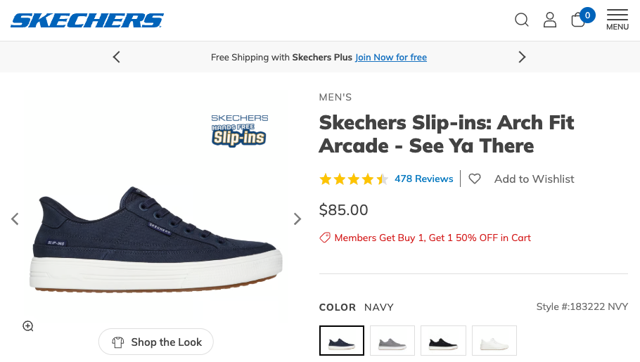 The Skechers.com product page for a pair of slip-on sneakers — the brand's own store, listing its own full price